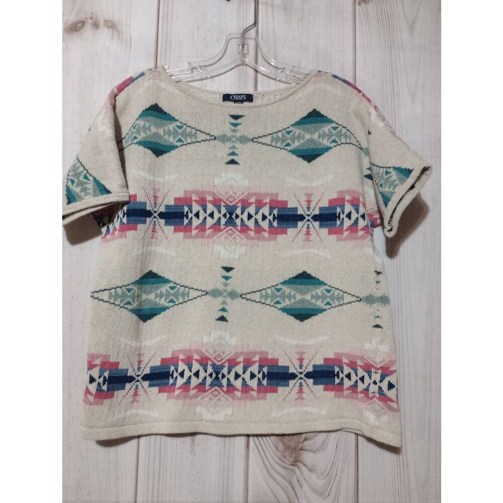 Chaps Sweater‎ Ladies Large Linen Blend Cream Turquoise Aztec Short Sleeve
